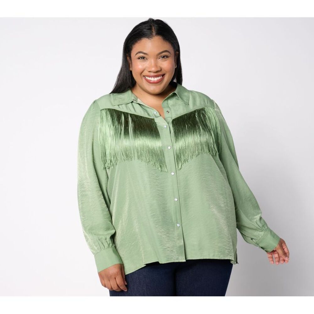 Gloria Vanderbilt Women's Top Plus Sz 3X Button Front Fringe Blouse Green